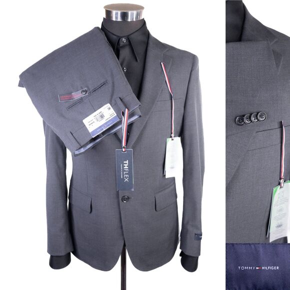 NWT Tommy Hilfiger 2-Pcs Suit Solid Gray Jacket Sz 38S Pants 36X34 Wool Blend - Picture 1 of 16